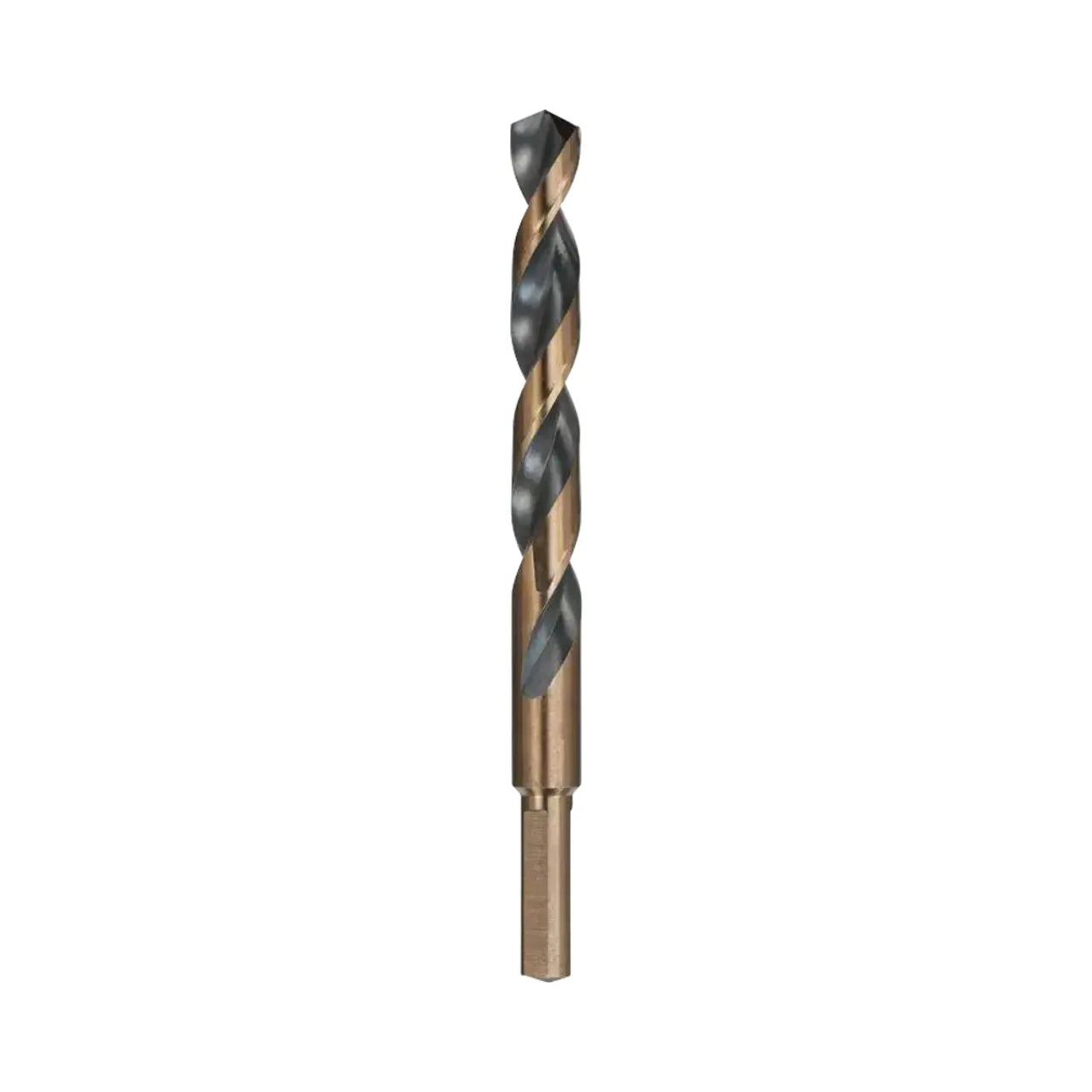 A close-up of a Go Build 7/16 in. Black and Gold Split Point Drill Bit, featuring a spiral groove and cylindrical shank, isolated on a white background. Brand: The Fastest Way To Build.
